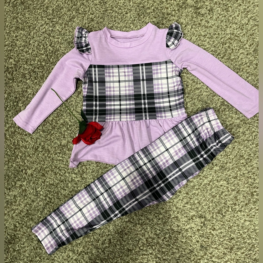 Purple Plaid Long Sleeve Top and Pants Set - Picture 2 of 2